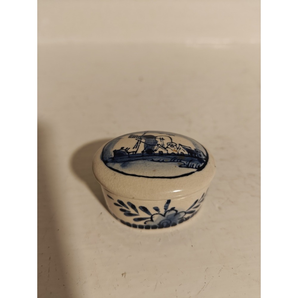Vtg Delft Blue Hand Painted Windmill Floral Mini Snuff Pill Trinket Box Dutch